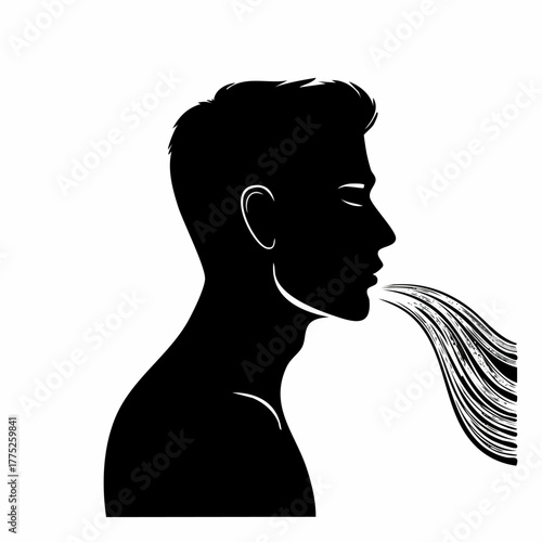 Silhouette of a Man Exhaling with Flowing Hair.