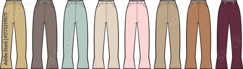 A collection of diverse colored trousers, showcasing a spectrum of muted and pastel shades for versatile fashion choices