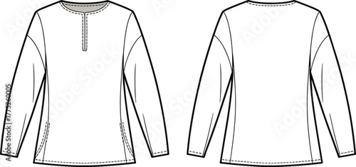 Long sleeve tunic top technical flat sketch, minimalist women fashion design, front and back view, apparel garment illustration template