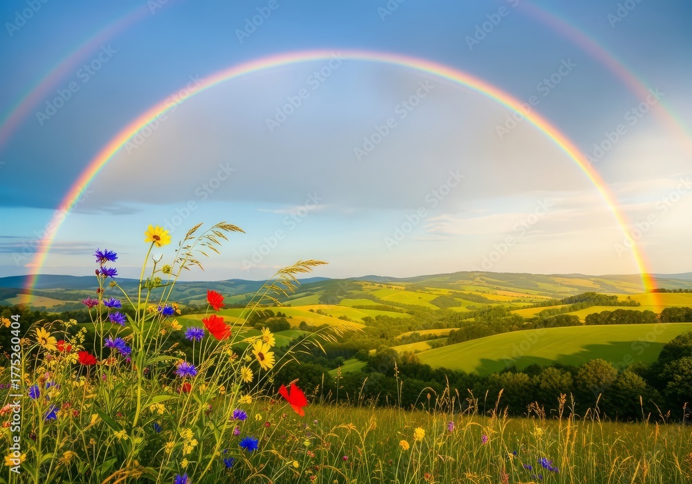 Naklejka premium Double rainbow over a field of wildflowers with rolling green hills under a bright blue sky scenery