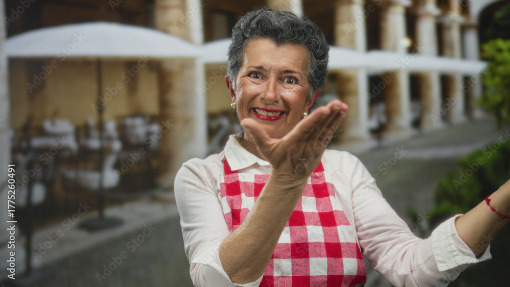 Naklejka premium Senior woman with grey hair and apron joyfully extends hands in an inviting gesture on a charming old town street with outdoor cafes and arches.