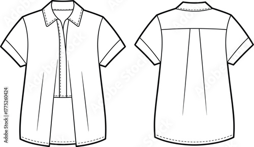 PrintShort sleeve casual women shirt front and back technical flat fashion sketch, stylish collar blouse drawing, apparel template design, vector outline
