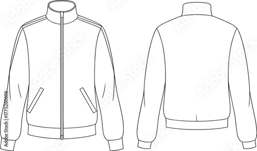 Sporty men track jacket technical flat, zip front athletic top illustration, fashion apparel design sketch, outerwear template, casual clothing drawing
