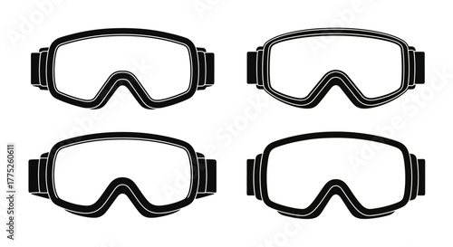 Four black and white outline icons of ski and snowboard goggles