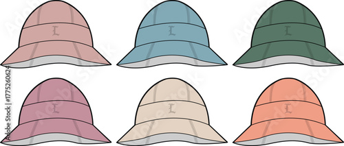 Stylish flat vector illustration set featuring multiple modern bucket hats in a vibrant array of pastel and earthy tones, perfect for fashion design and apparel concepts