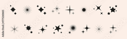 Set of icon glitter star, sparkle sun. Abstract shapes explosion, glow and blink effects for celebrate party design. Twinkle shiny and flash graphic elements. Isolated vector illustrations.