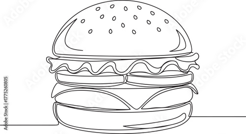 Minimalist hand drawn line art illustration of a classic cheeseburger on a white background