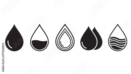 A collection of five water droplet icons on transparent background silhouette