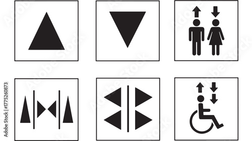 Public restroom and accessibility signs in black minimalist style silhouette on transparent background