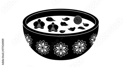 A black and white illustration of a bowl with fruit and flowers