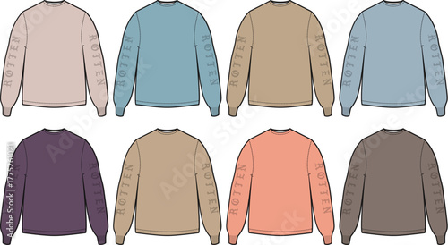Vector illustration set of long-sleeved crewneck sweatshirts in various colors. Back view of apparel fashion flat sketch templates for design mockups