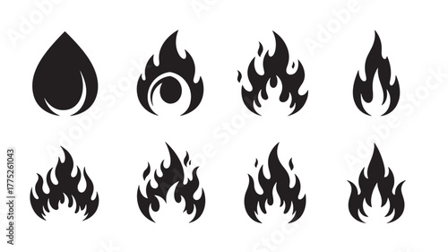 Collection of black fire flame shapes with droplet on transparent background silhouette