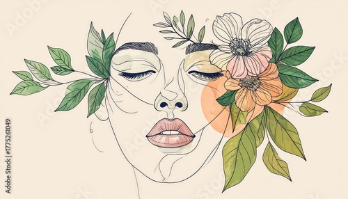 Elegant Floral Portrait: Woman's Face Surrounded By Leaves And Blooming Flowers