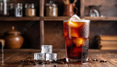 Iced Coffee In Glass With Ice Cubes On Rustic Wooden Bar Setting And Coffee Beans
