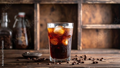 Iced Coffee In Glass With Ice Cubes On Rustic Wooden Bar Setting And Coffee Beans