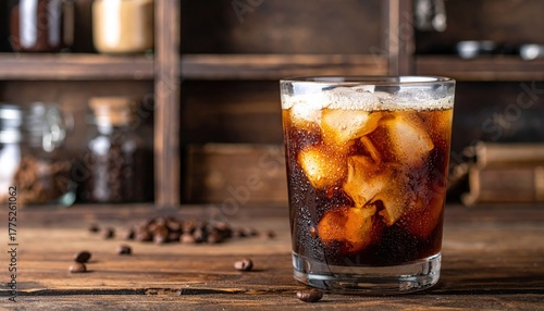 Iced Coffee In Glass With Ice Cubes On Rustic Wooden Bar Setting And Coffee Beans