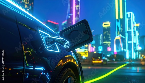 Electric Car Charging in Neon City Night Scene With Futuristic Skyscrapers and Bright Lights