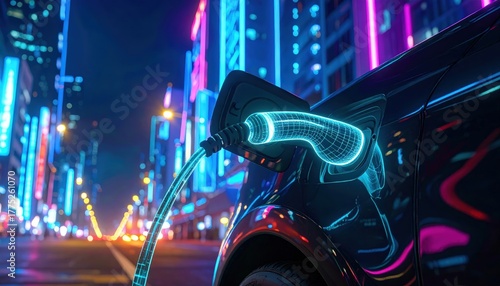 Electric Car Charging in Neon City Night Scene With Futuristic Skyscrapers and Bright Lights
