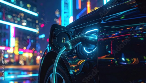 Electric Car Charging in Neon City Night Scene With Futuristic Skyscrapers and Bright Lights