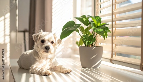 Sunny Indoor Scene With Small White Dog Resting On Window Sill Beside Plant