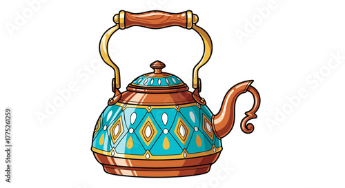 Ornate Decorative Teal and Copper Kettle with Traditional Geometric Patterns for Brewing Hot Beverages