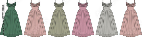 A collection of elegant long formal evening gowns in various colors, showcasing a set of women's bridesmaid or prom dresses for special occasions