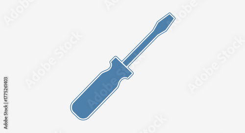A simple blue graphic illustration of a flathead screwdriver tool on a light gray background.