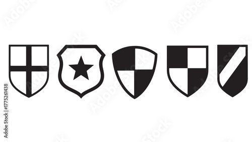 Collection of five black heraldic shields with various designs on transparent background silhouette