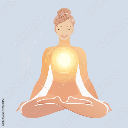 Meditating woman with glowing aura, spiritual enlightenment.