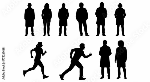 Collection of Black Silhouettes of People in Various Poses and Activities