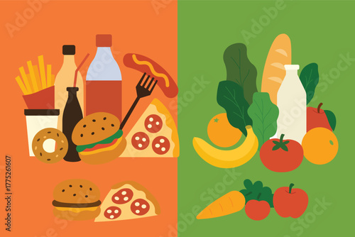 A flat vector illustration comparing unhealthy fast food and healthy natural food. 