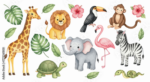 Adorable Watercolor Safari Animals Including Giraffe Lion Elephant Monkey Toucan Flamingo Zebra Turtle And Snake With Lush Green Leaves And Pink Flowers