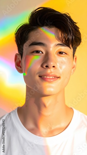 Smiling young man with rainbow light on face