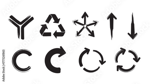 Various black arrow and recycling symbols displayed ideal for design on transparent background silhouette