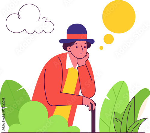 A man in a classic suit and a bowler hat is leaning on a cane. The illustration expresses thoughtfulness, anticipation, and nostalgia. It has a minimalist retro style.