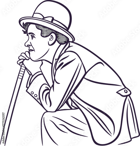 A man in a classic suit and a bowler hat is leaning on a cane. The illustration expresses thoughtfulness, anticipation, and nostalgia. It has a minimalist retro style.
