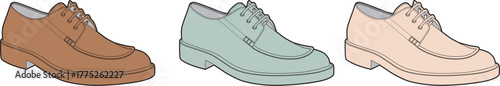 Set of elegant men's leather derby shoes in various colors. Vector illustration showcasing classic formal footwear and fashion choices