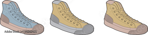 Illustrative set of three distinct high-top canvas sneakers, showcasing versatile color combinations and modern casual footwear designs for street style