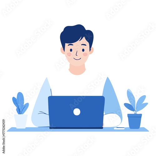 青い光に包まれた笑顔の日本人の男性がパソコンでリモート作業に集中し、自由と成長を感じる
