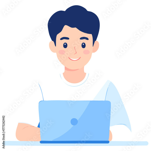 青い光に包まれた笑顔の日本人の男性がパソコンでリモート作業に集中し、自由と成長を感じる
