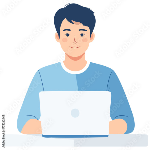 青い光に包まれた笑顔の日本人の男性がパソコンでリモート作業に集中し、自由と成長を感じる
