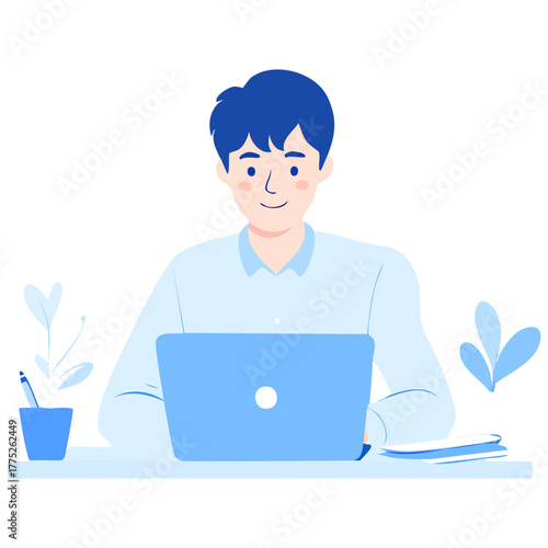 青い光に包まれた笑顔の日本人の男性がパソコンでリモート作業に集中し、自由と成長を感じる
