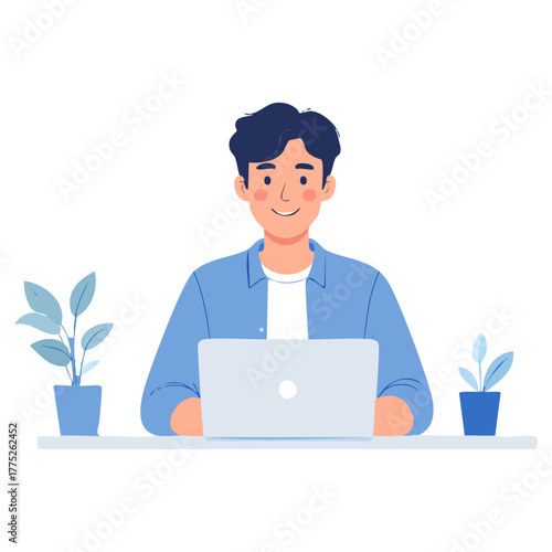 青い光に包まれた笑顔の日本人の男性がパソコンでリモート作業に集中し、自由と成長を感じる
