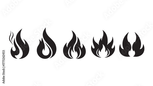 Five black flame shapes arranged in a row on transparent background silhouette