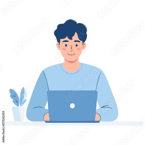 青い光に包まれた笑顔の日本人の男性がパソコンでリモート作業に集中し、自由と成長を感じる
