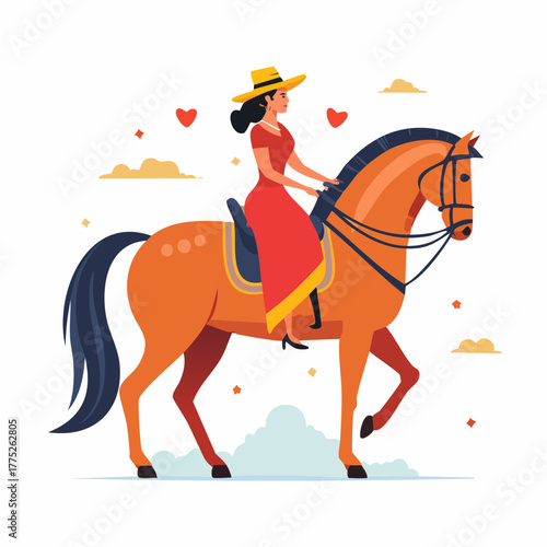 Woman in red dress riding a brown horse.