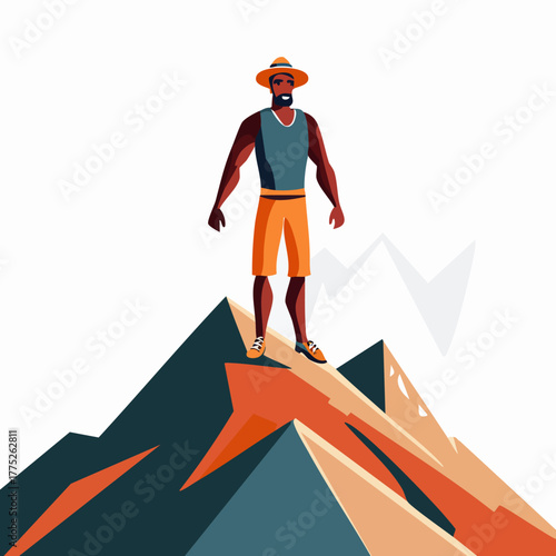Man standing on mountain peak, achieving success, reaching goals.