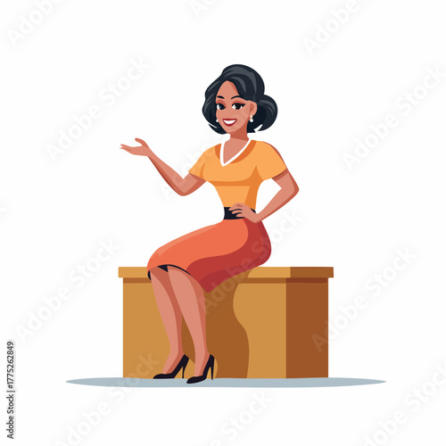 Woman sitting on a box, presenting something with her hand.