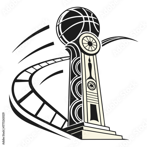 Stylized illustration of a clock tower topped with a basketball and a film strip curving around it representing sports and cinema black and white cartoon illustration