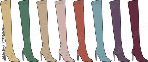 Elegant collection of women's high-heeled over-the-knee boots in a diverse palette of fashionable colors, ideal for modern apparel and footwear design